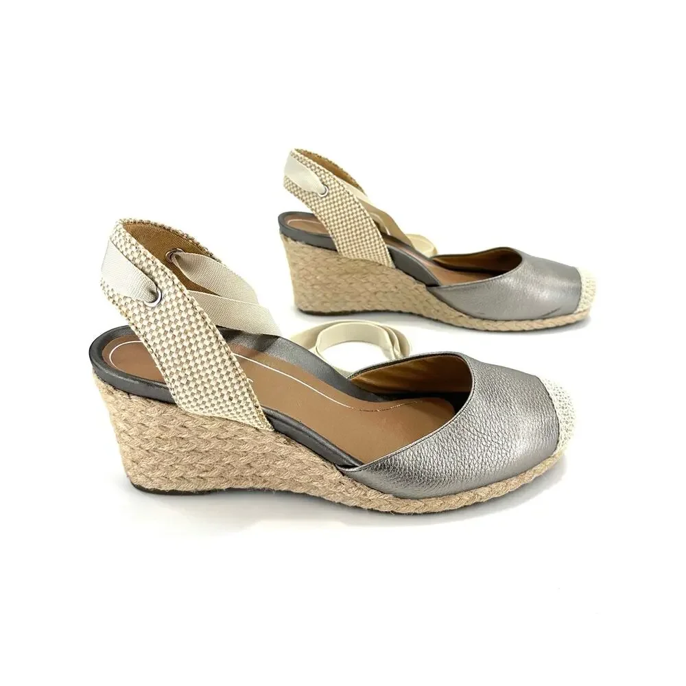 Vionic Maris Wedge Sandal Size 9/41 Gray/Pewter Leather Espadrille Closed Toe